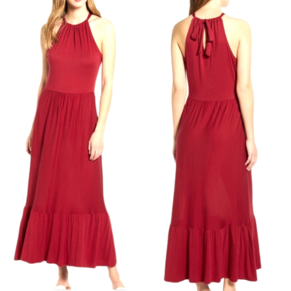 Caslon Halter Neck Maxi Dress Red Burgundy Ruffle Hem Tie Back Sleeveless S NWOT